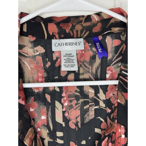 CATHERINES Blouse Top Black Red Floral Button Up 3/4 Sleeve Vneck Sz 3X Petite - Picture 4 of 7